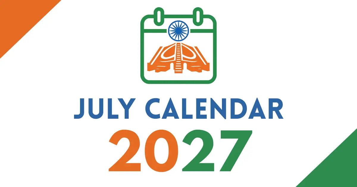 July 2027 calendar cover featuring an Indian tricolor calendar icon with the Ashoka Chakra, bold “July Calendar 2027” text, on a white background with orange and green corner accents.