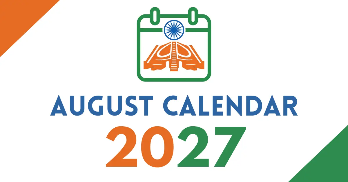August 2027 calendar cover featuring an Indian tricolor calendar icon with the Ashoka Chakra, bold “August Calendar 2027” text, on a white background with orange and green corner accents.