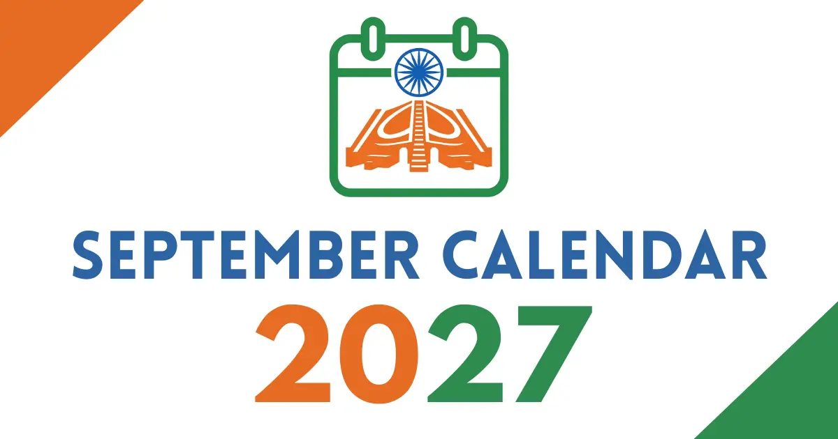 September 2027 calendar cover featuring an Indian tricolor calendar icon with the Ashoka Chakra, bold “September Calendar 2027” text, on a white background with orange and green corner accents.