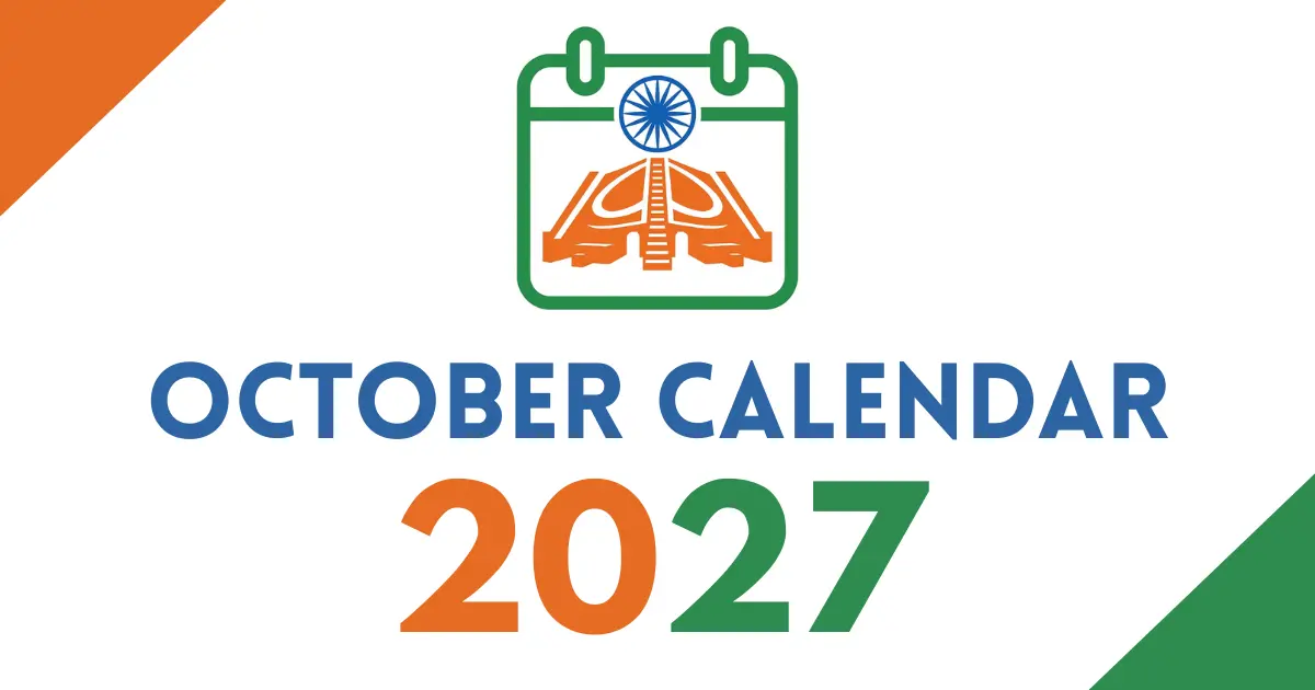 October 2027 calendar cover featuring an Indian tricolor calendar icon with the Ashoka Chakra, bold “October Calendar 2027” text, on a white background with orange and green corner accents.