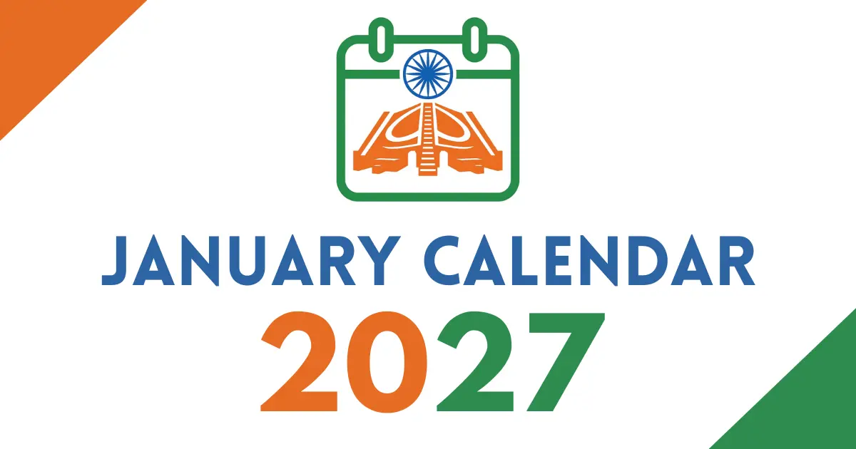 January 2027 calendar cover featuring an Indian tricolor calendar icon with the Ashoka Chakra, bold “January Calendar 2027” text, on a white background with orange and green corner accents.