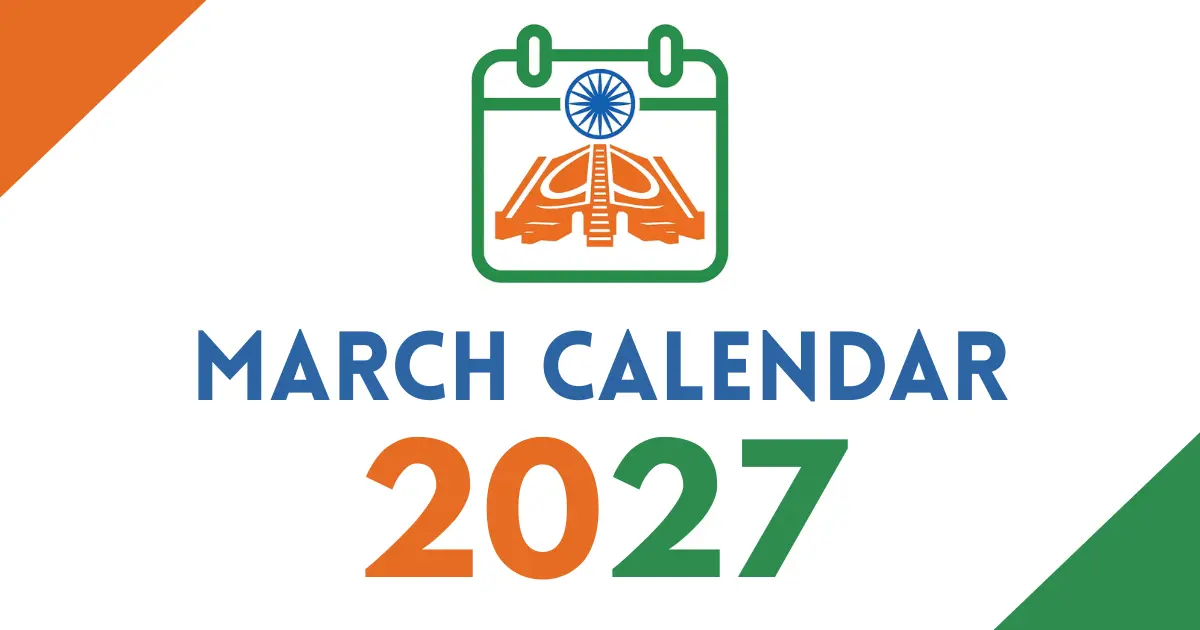 March 2027 calendar cover featuring an Indian tricolor calendar icon with the Ashoka Chakra, bold “March Calendar 2027” text, on a white background with orange and green corner accents.