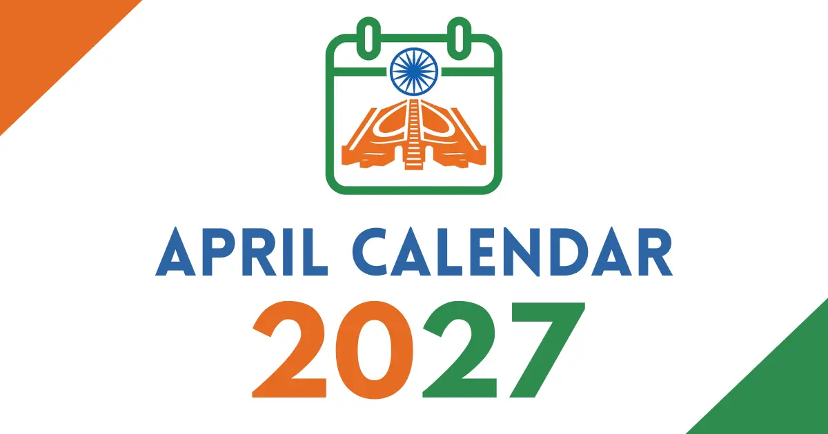 April 2027 calendar cover featuring an Indian tricolor calendar icon with the Ashoka Chakra, bold “April Calendar 2027” text, on a white background with orange and green corner accents.