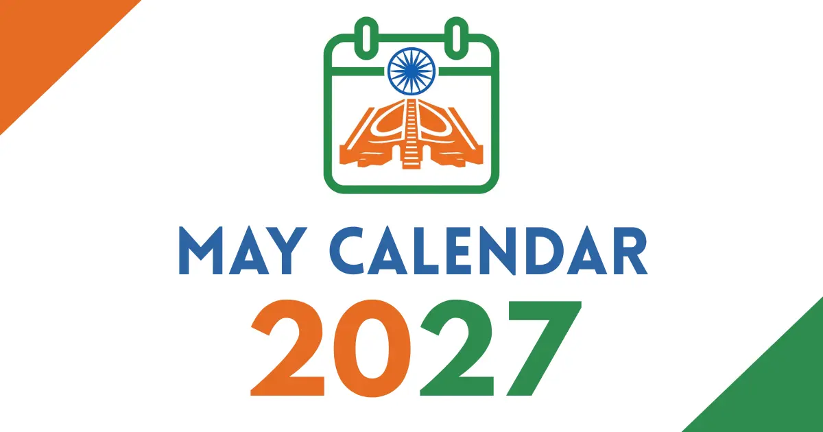 May 2027 calendar cover featuring an Indian tricolor calendar icon with the Ashoka Chakra, bold “May Calendar 2027” text, on a white background with orange and green corner accents.