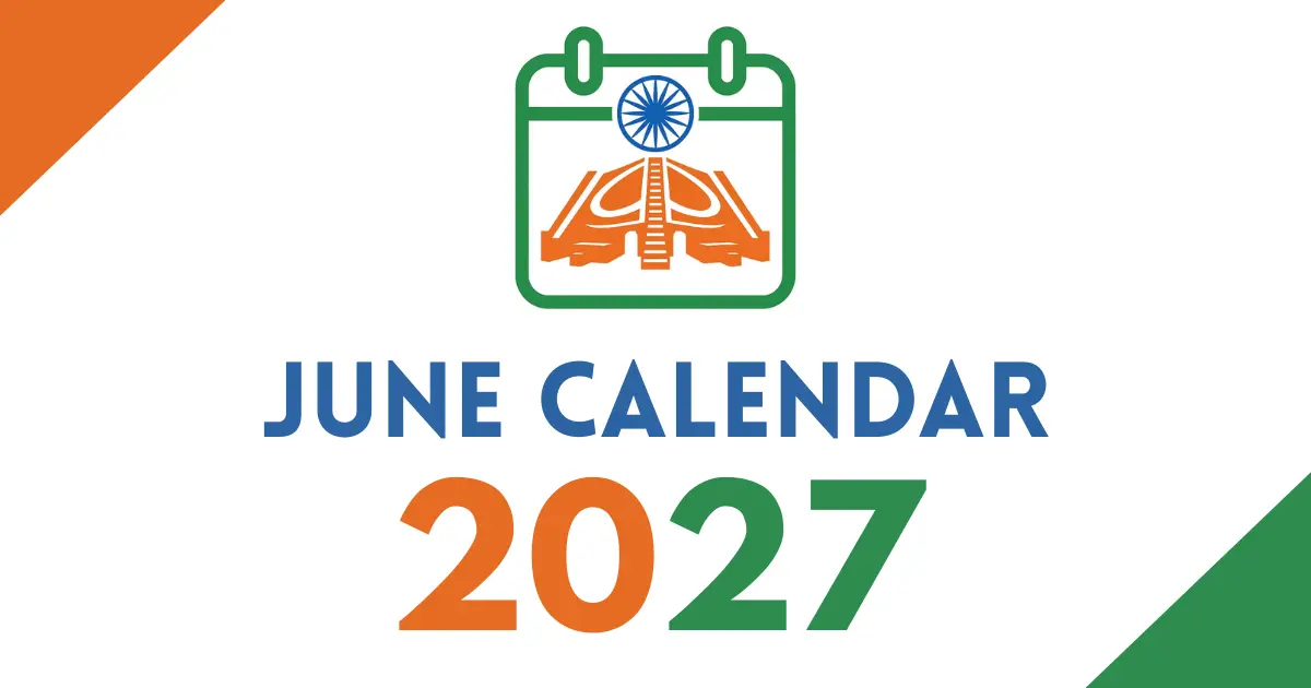 June 2027 calendar cover featuring an Indian tricolor calendar icon with the Ashoka Chakra, bold “June Calendar 2027” text, on a white background with orange and green corner accents.