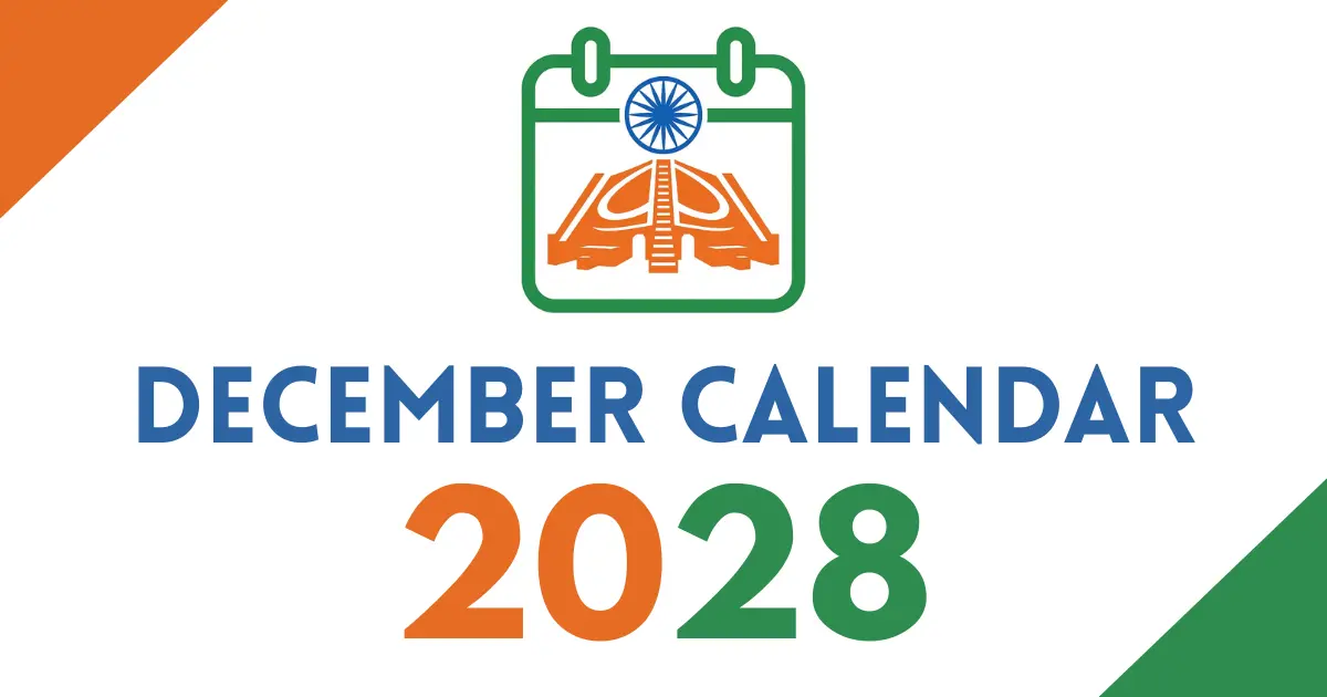 December 2028 calendar cover featuring an Indian tricolor calendar icon with the Ashoka Chakra, bold “December Calendar 2028” text, on a white background with orange and green corner accents.