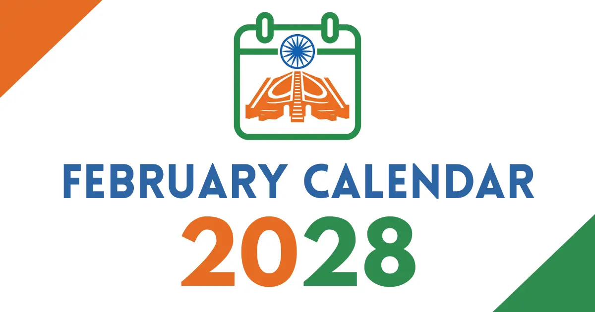 February 2028 calendar cover featuring an Indian tricolor calendar icon with the Ashoka Chakra, bold “February Calendar 2028” text, on a white background with orange and green corner accents.