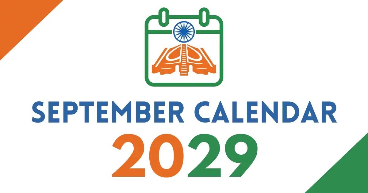 September 2029 calendar cover featuring an Indian tricolor calendar icon with the Ashoka Chakra, bold “September Calendar 2029” text, on a white background with orange and green corner accents.