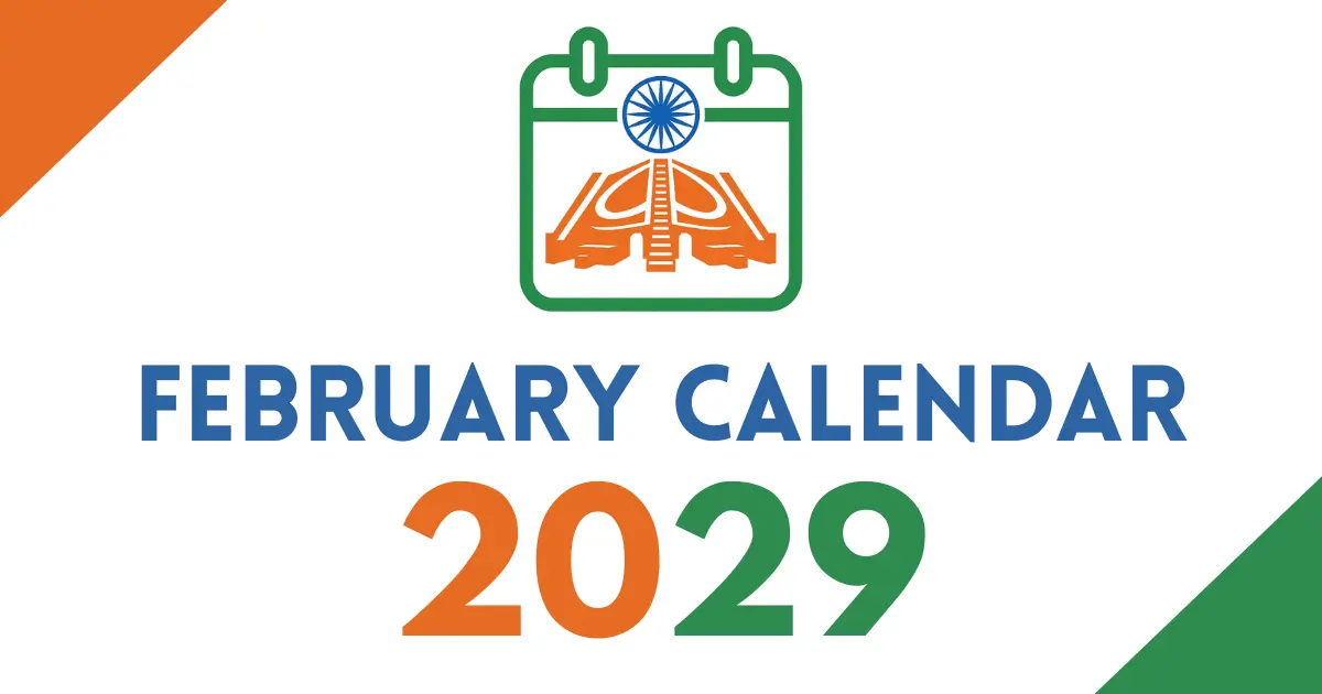 February 2029 calendar cover featuring an Indian tricolor calendar icon with the Ashoka Chakra, bold “February Calendar 2029” text, on a white background with orange and green corner accents.