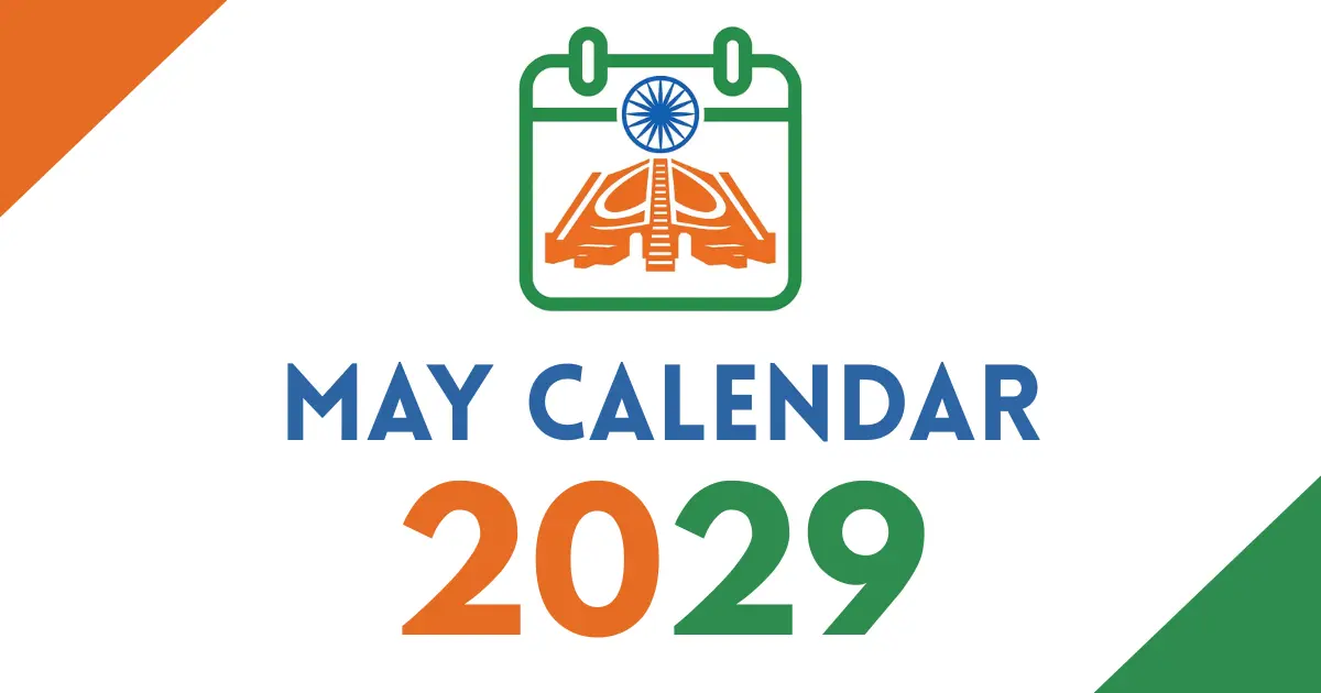 May 2029 calendar cover featuring an Indian tricolor calendar icon with the Ashoka Chakra, bold “May Calendar 2029” text, on a white background with orange and green corner accents.