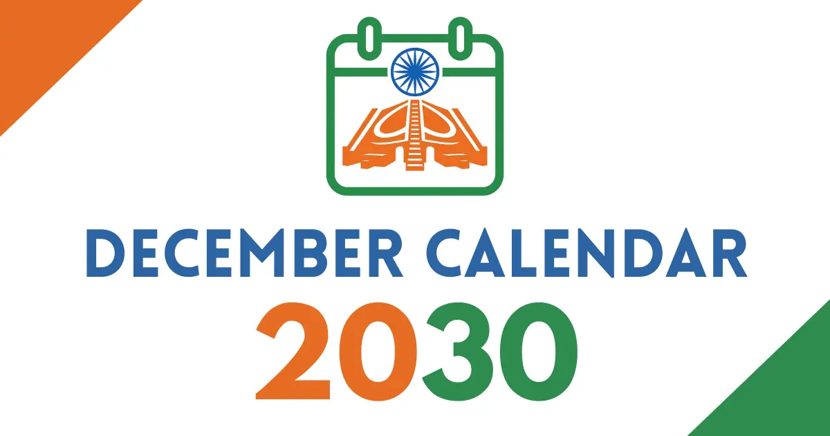 December 2030 calendar cover featuring an Indian tricolor calendar icon with the Ashoka Chakra, bold “December Calendar 2030” text, on a white background with orange and green corner accents.