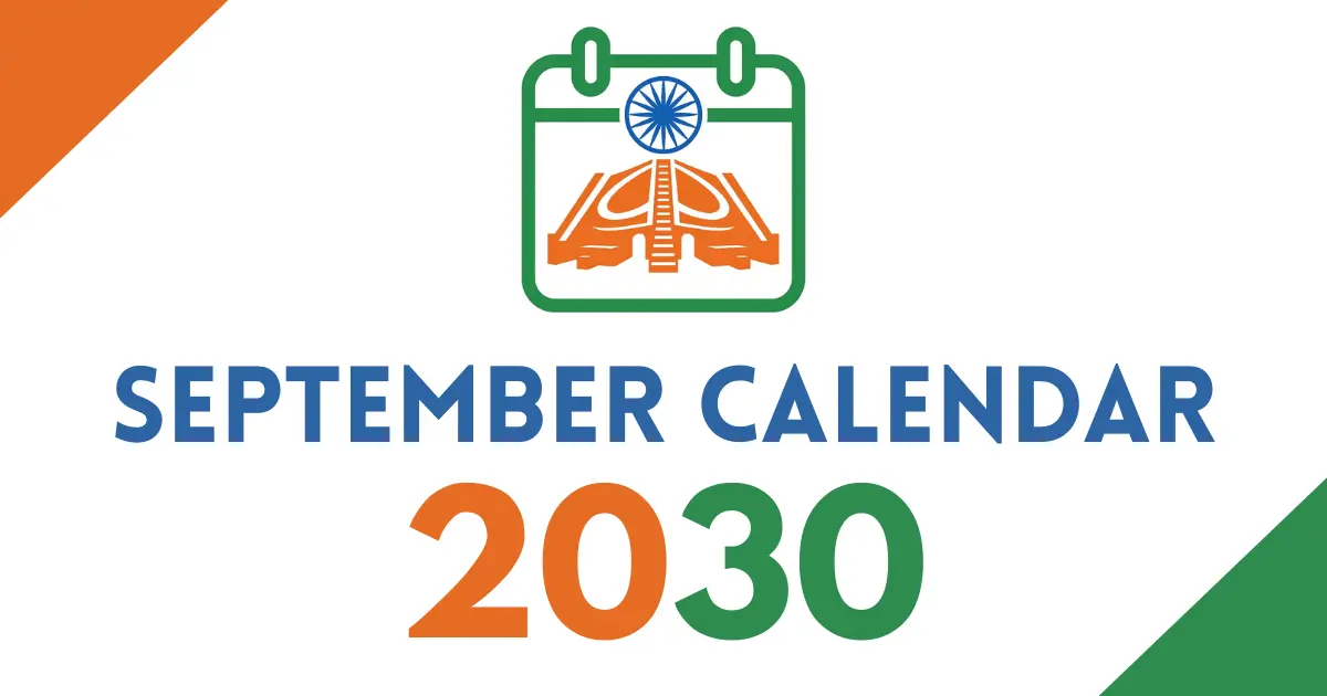 September 2030 calendar cover featuring an Indian tricolor calendar icon with the Ashoka Chakra, bold “September Calendar 2030” text, on a white background with orange and green corner accents.