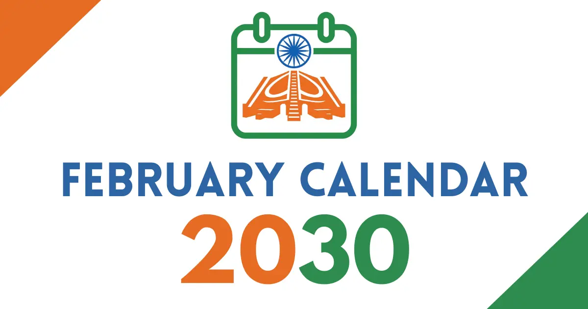 February 2030 calendar cover featuring an Indian tricolor calendar icon with the Ashoka Chakra, bold “February Calendar 2030” text, on a white background with orange and green corner accents.