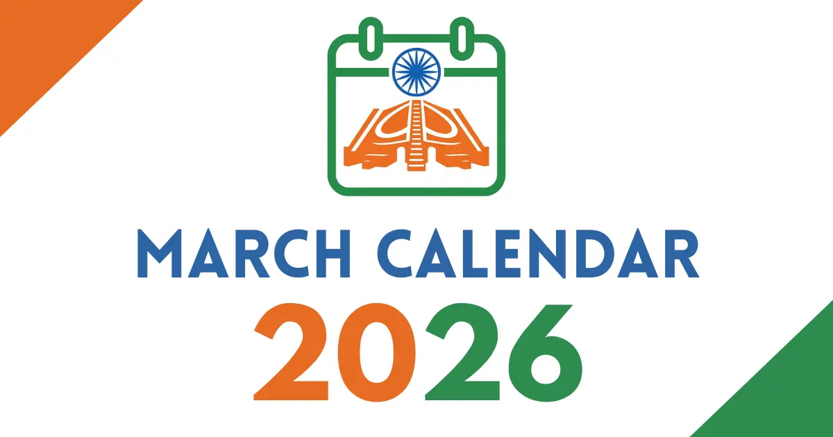 March 2026 calendar cover featuring an Indian tricolor calendar icon with the Ashoka Chakra, bold “March Calendar 2026” text, on a white background with orange and green corner accents.