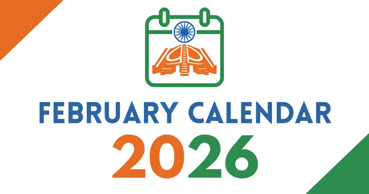 February 2026 calendar cover featuring an Indian tricolor calendar icon with the Ashoka Chakra, bold “February Calendar 2026” text, on a white background with orange and green corner accents.