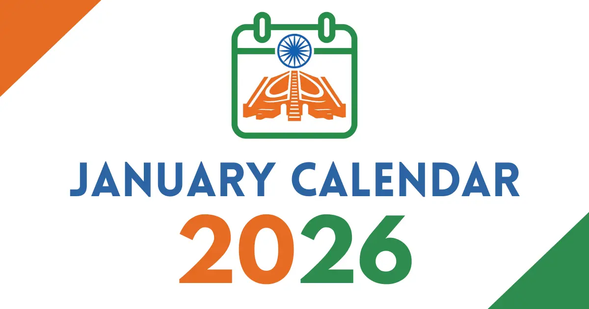 January 2026 calendar cover featuring an Indian tricolor calendar icon with the Ashoka Chakra, bold “January Calendar 2026” text, on a white background with orange and green corner accents.