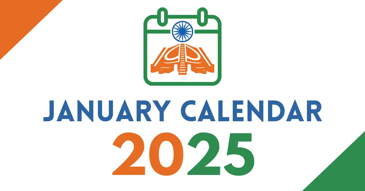 January 2025 calendar cover featuring an Indian tricolor calendar icon with the Ashoka Chakra, bold “January Calendar 2025” text, on a white background with orange and green corner accents.