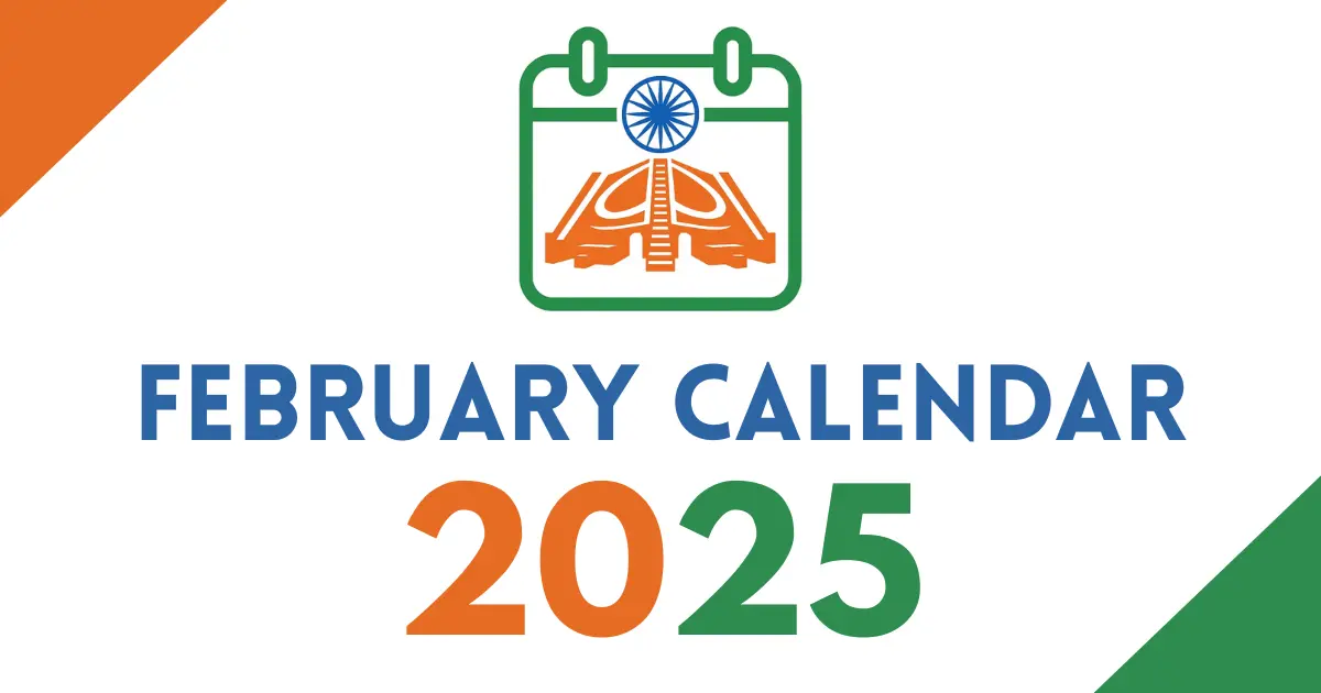 February 2025 calendar cover featuring an Indian tricolor calendar icon with the Ashoka Chakra, bold “February Calendar 2025” text, on a white background with orange and green corner accents.