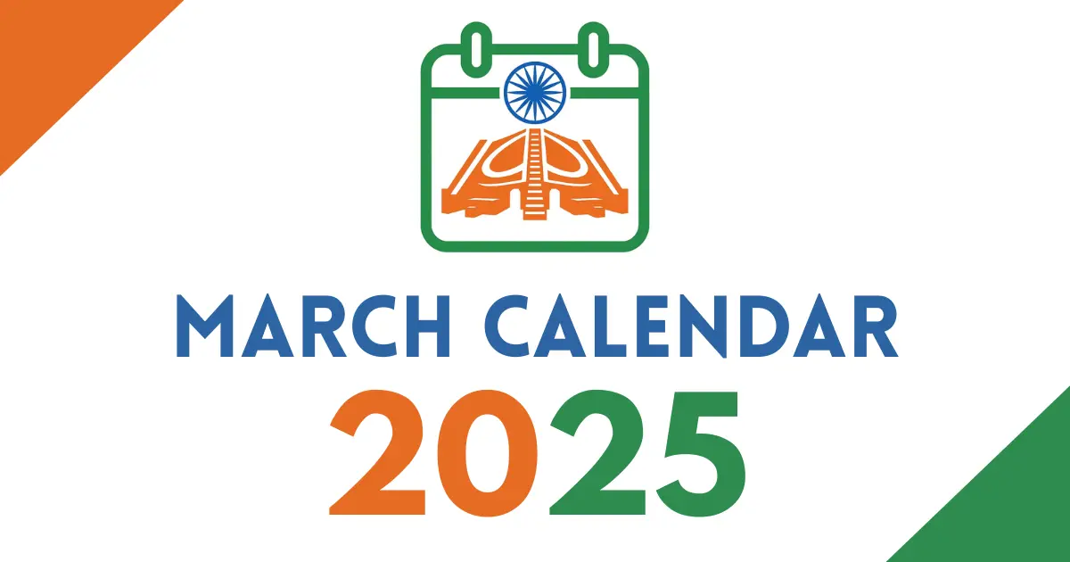March 2025 calendar cover featuring an Indian tricolor calendar icon with the Ashoka Chakra, bold “March Calendar 2025” text, on a white background with orange and green corner accents.