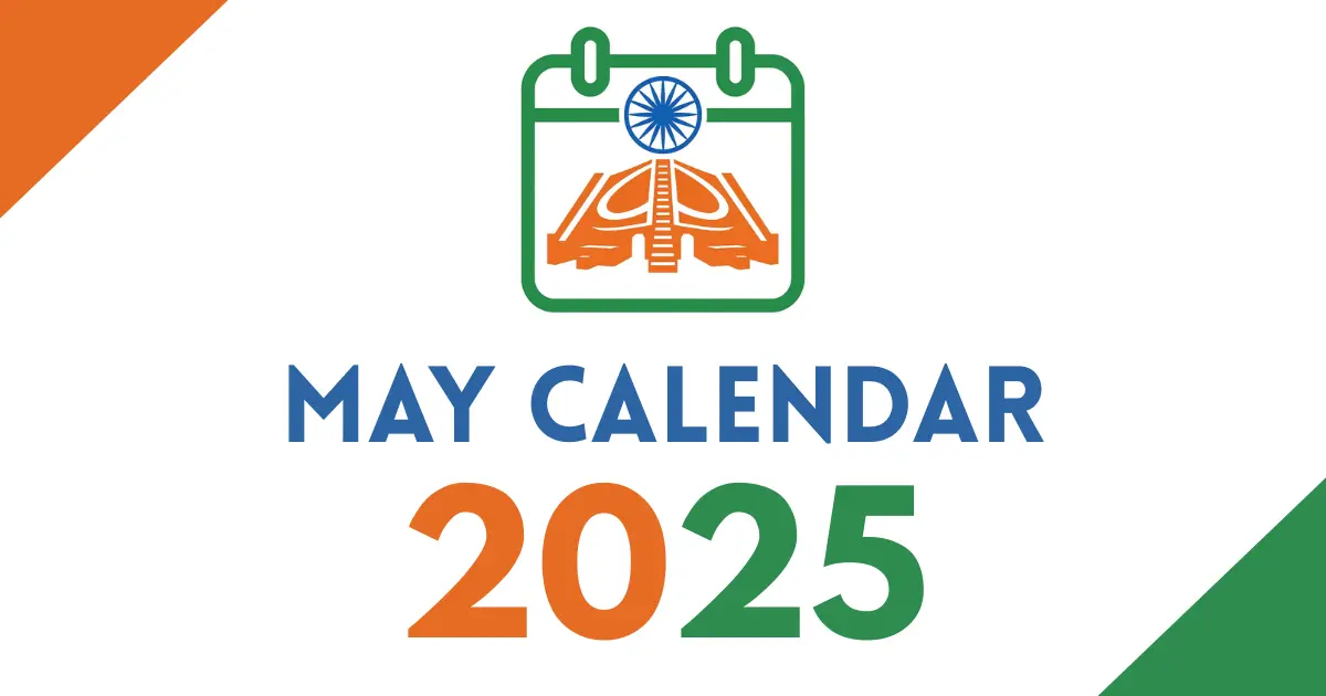 May 2025 calendar cover featuring an Indian tricolor calendar icon with the Ashoka Chakra, bold “May Calendar 2025” text, on a white background with orange and green corner accents.