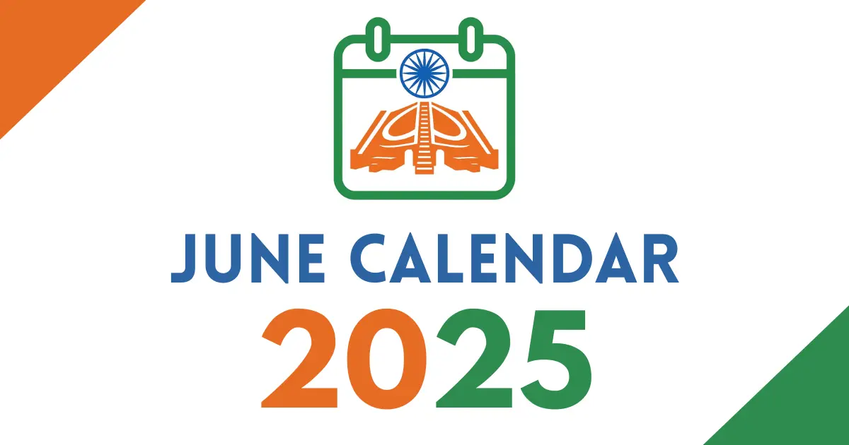June 2025 calendar cover featuring an Indian tricolor calendar icon with the Ashoka Chakra, bold “June Calendar 2025” text, on a white background with orange and green corner accents.