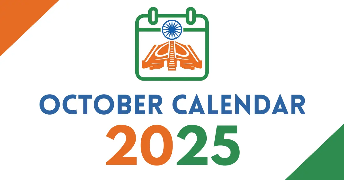 October 2025 calendar cover featuring an Indian tricolor calendar icon with the Ashoka Chakra, bold “October Calendar 2025” text, on a white background with orange and green corner accents.