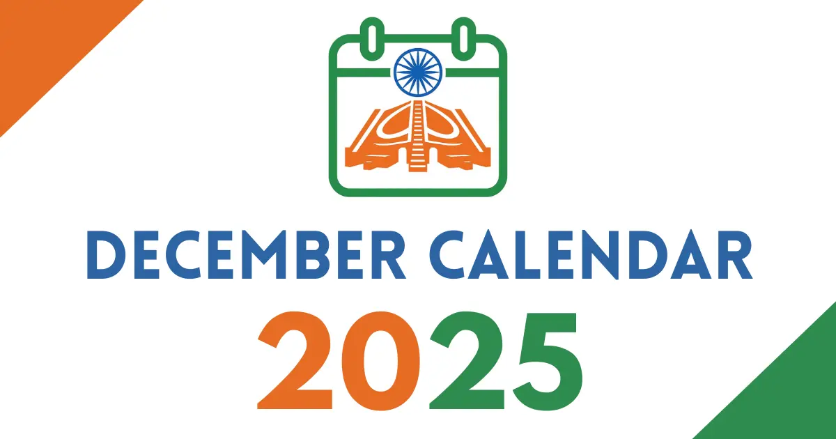December 2025 calendar cover featuring an Indian tricolor calendar icon with the Ashoka Chakra, bold “December Calendar 2025” text, on a white background with orange and green corner accents.