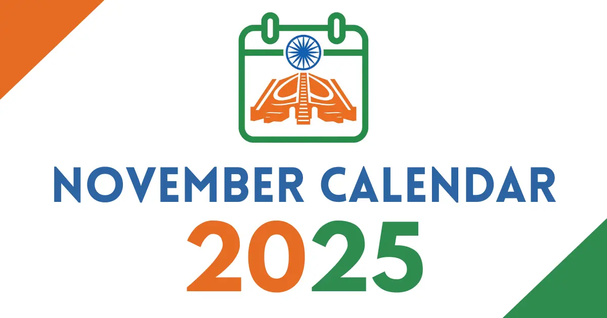 November 2025 calendar cover featuring an Indian tricolor calendar icon with the Ashoka Chakra, bold “November Calendar 2025” text, on a white background with orange and green corner accents.