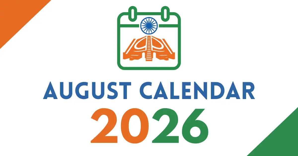 August 2026 calendar cover featuring an Indian tricolor calendar icon with the Ashoka Chakra, bold “August Calendar 2026” text, on a white background with orange and green corner accents.