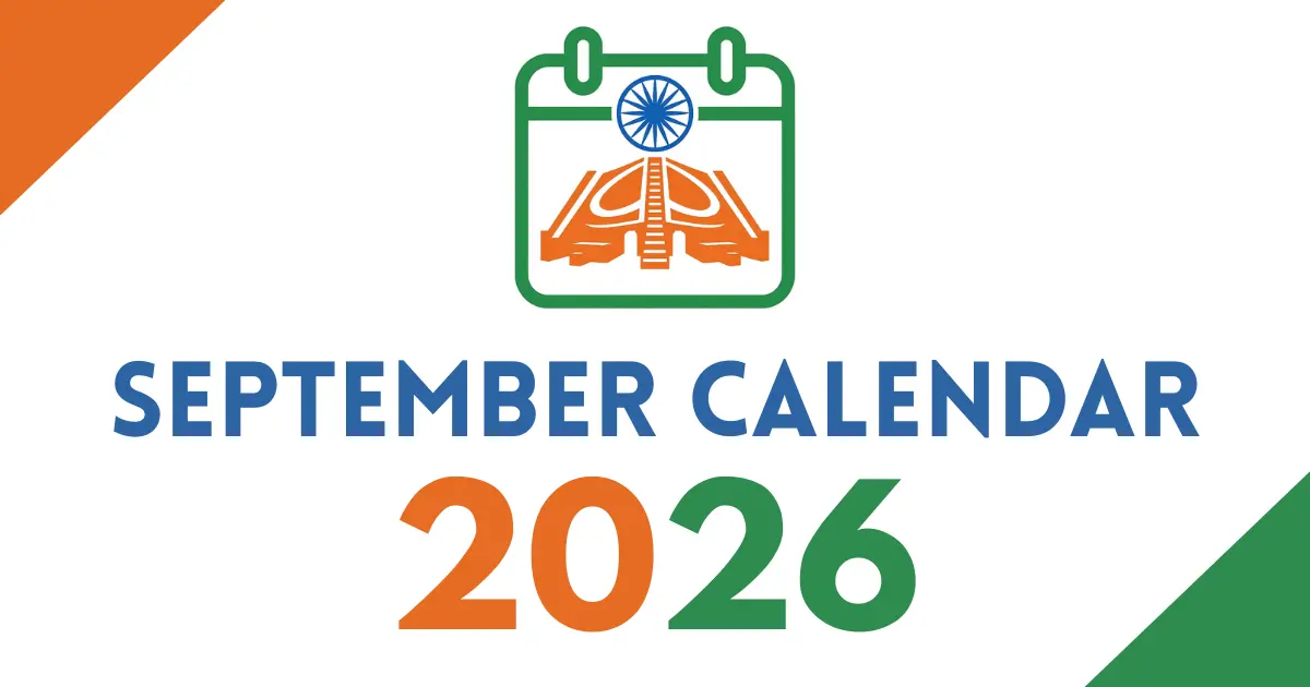 September 2026 calendar cover featuring an Indian tricolor calendar icon with the Ashoka Chakra, bold “September Calendar 2026” text, on a white background with orange and green corner accents.