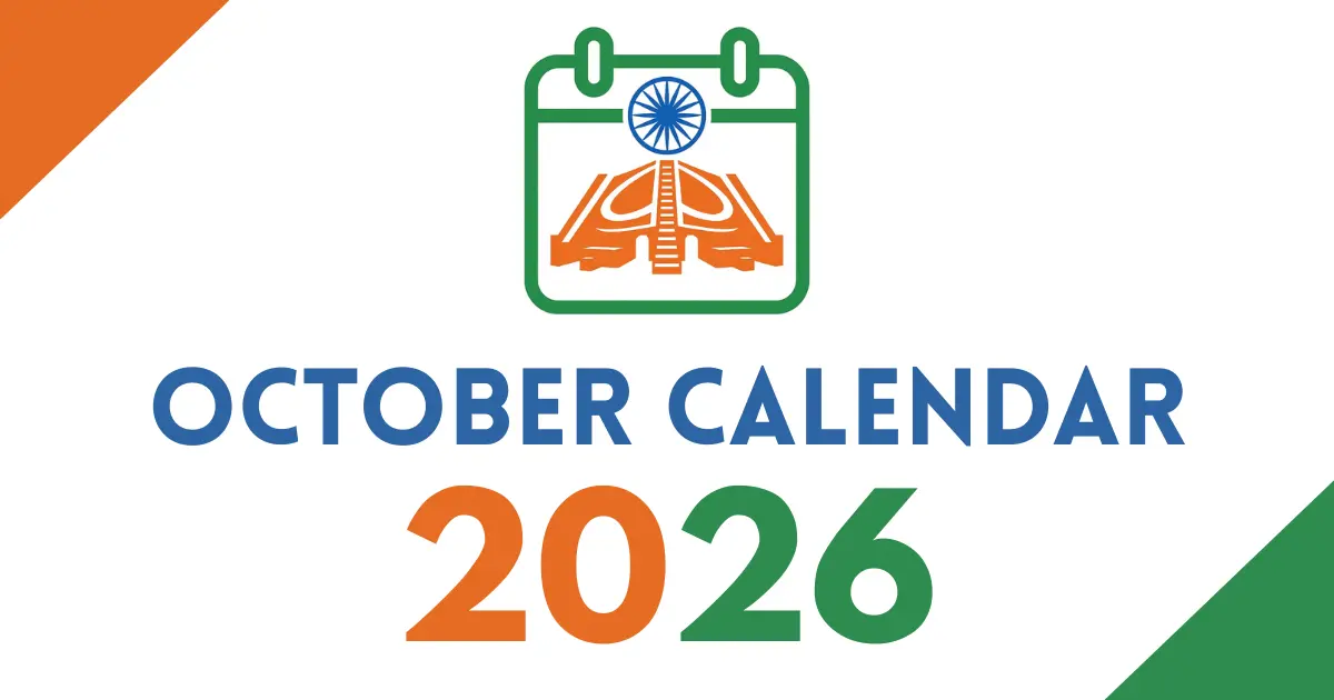 October 2026 calendar cover featuring an Indian tricolor calendar icon with the Ashoka Chakra, bold “October Calendar 2026” text, on a white background with orange and green corner accents.