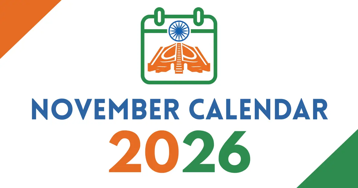 November 2026 calendar cover featuring an Indian tricolor calendar icon with the Ashoka Chakra, bold “November Calendar 2026” text, on a white background with orange and green corner accents.