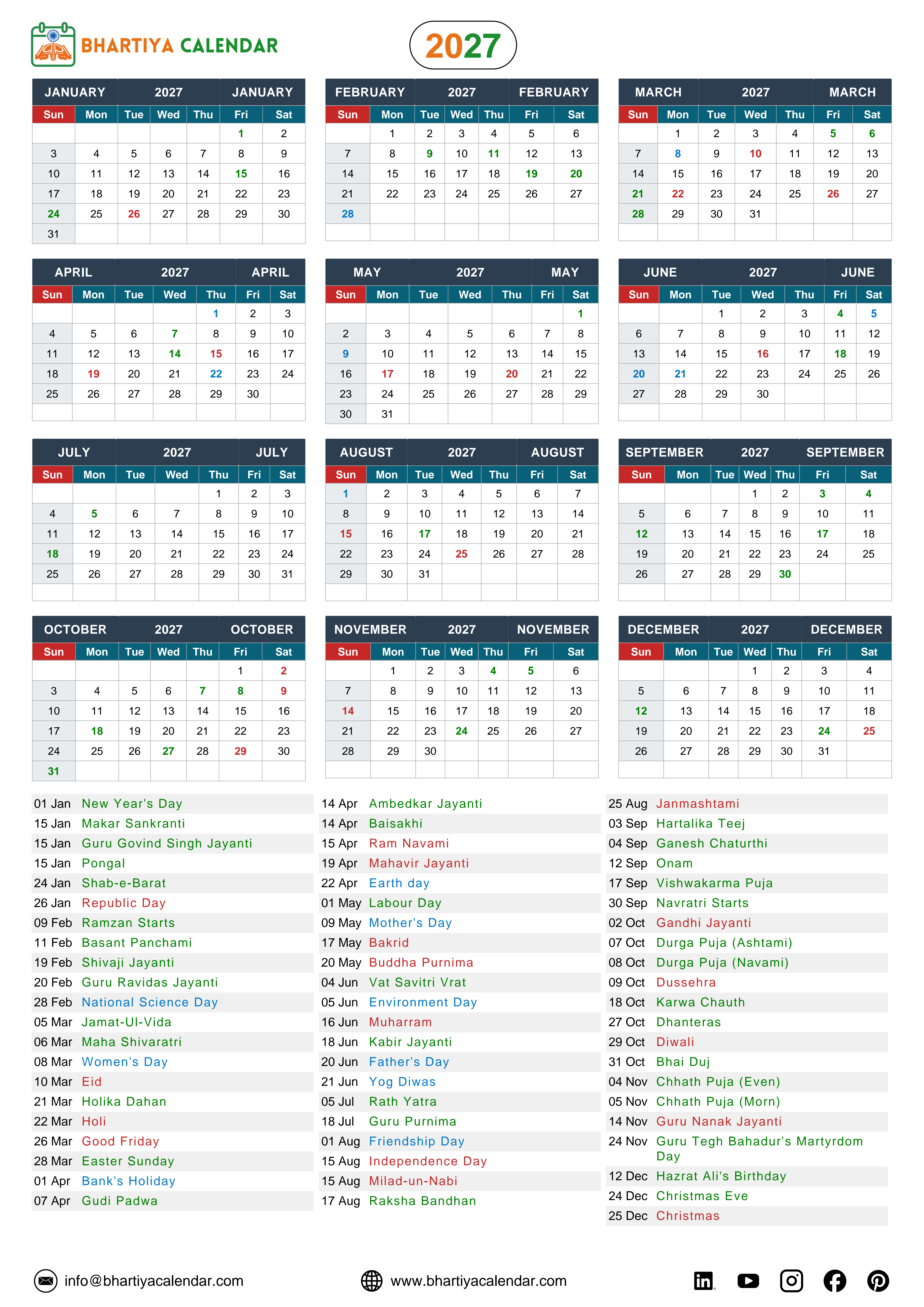 Indian calendar 2027 covering all months from January through December, featuring a full list of key holidays, festivals, and important dates in India such as Republic Day, Holi, Diwali, Eid, and Christmas.