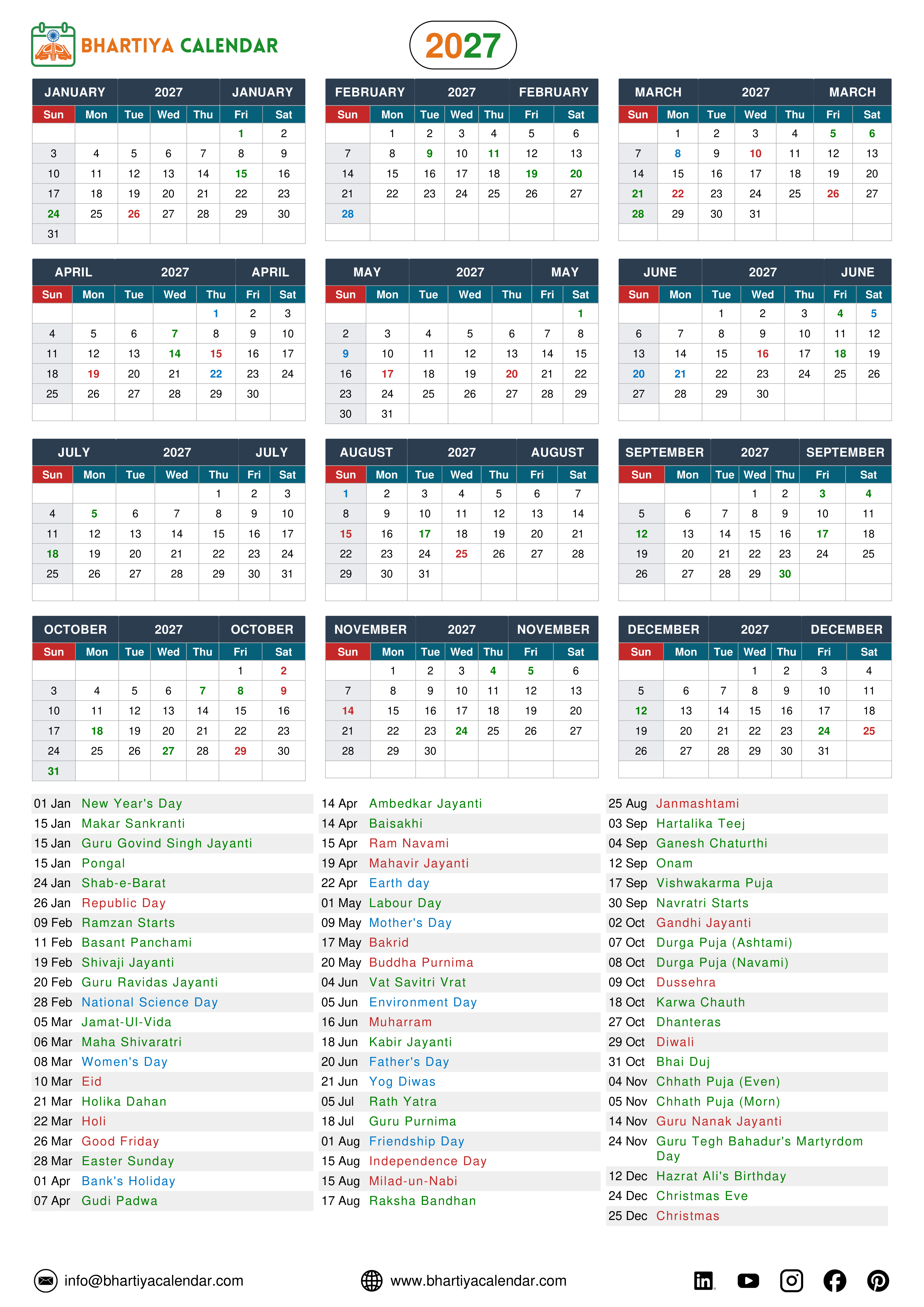 Indian calendar 2027 covering all months from January through December, featuring a full list of key holidays, festivals, and important dates in India such as Republic Day, Holi, Diwali, Eid, and Christmas.