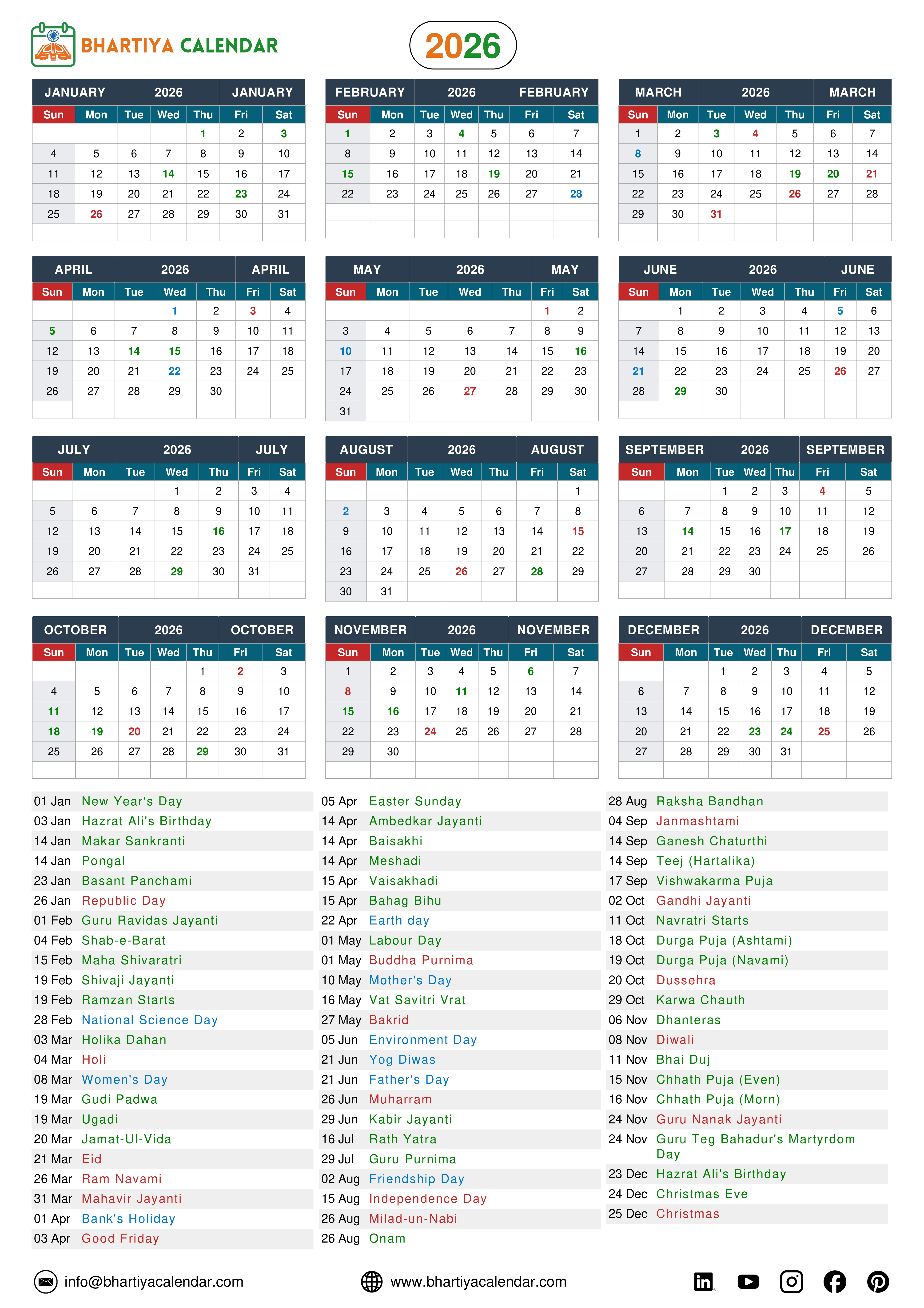 Indian calendar 2026 showing all months from January to December along with a complete list of major holidays, festivals, and important days and dates in India, including Republic Day, Holi, Diwali, Eid, and Christmas.