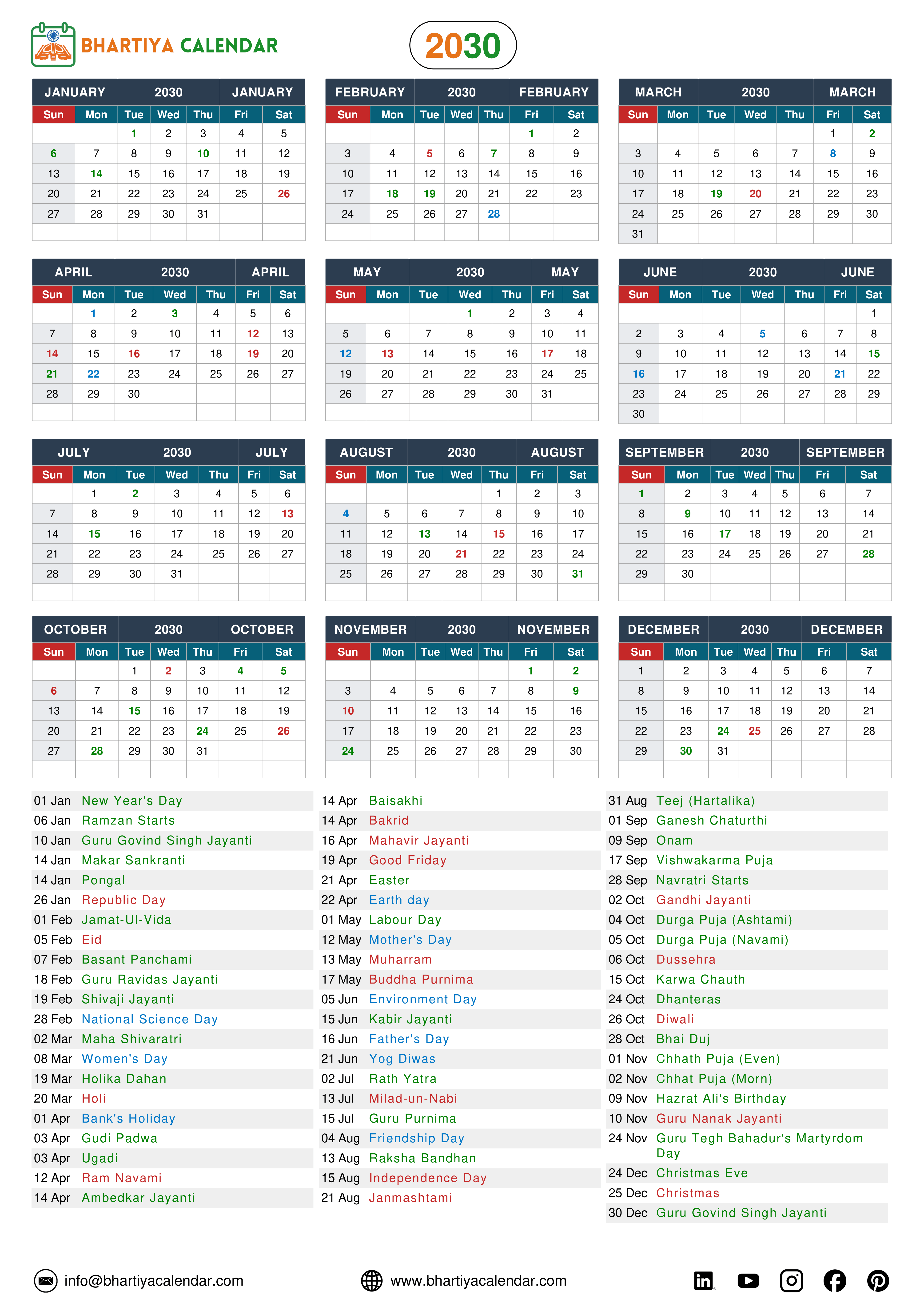 Indian calendar 2030 showing all months from January to December along with a complete list of major holidays, festivals, and important days and dates in India, including Republic Day, Holi, Diwali, Eid, and Christmas.