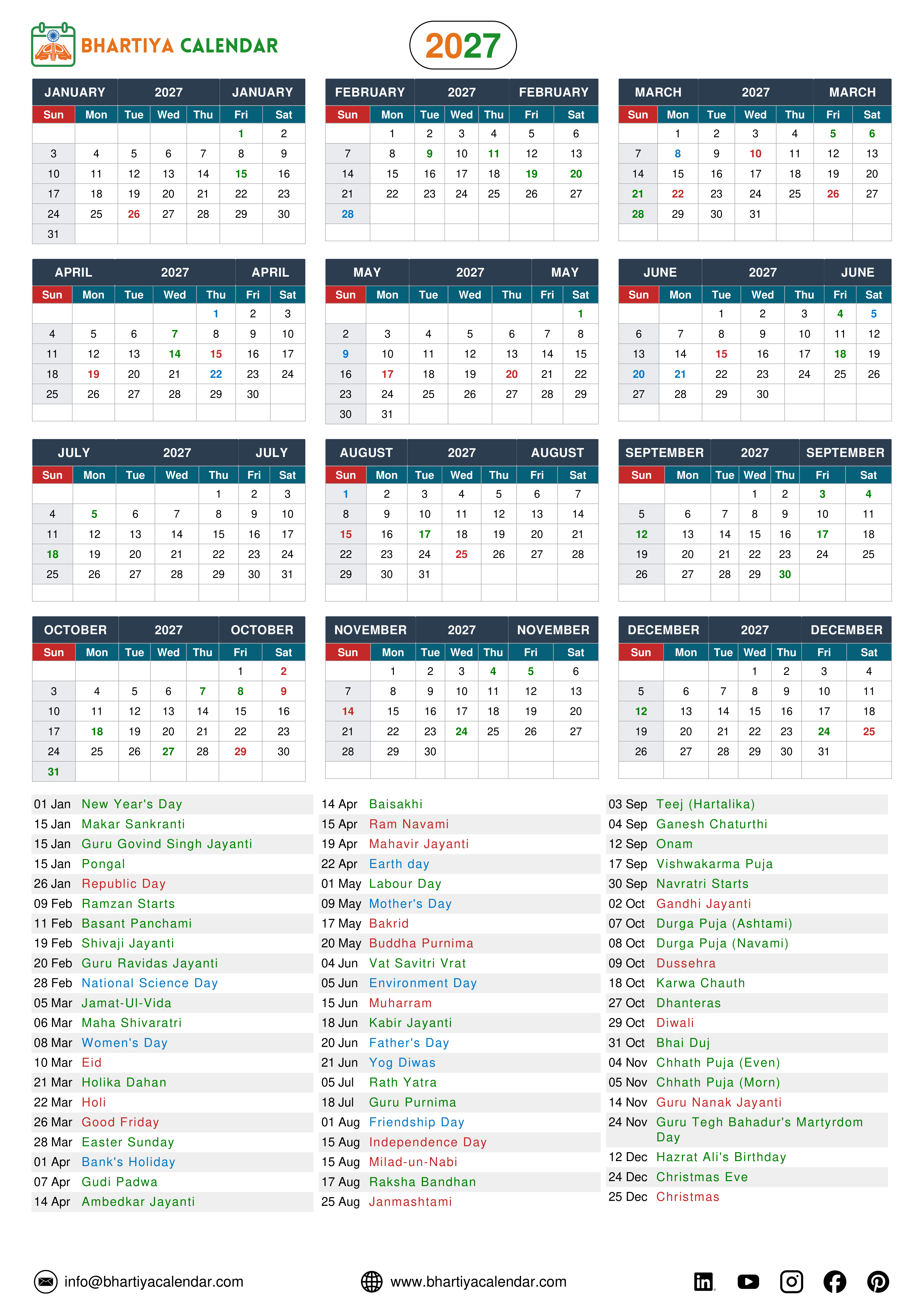 Indian calendar 2027 showing all months from January to December along with a complete list of major holidays, festivals, and important days and dates in India, including Republic Day, Holi, Diwali, Eid, and Christmas.