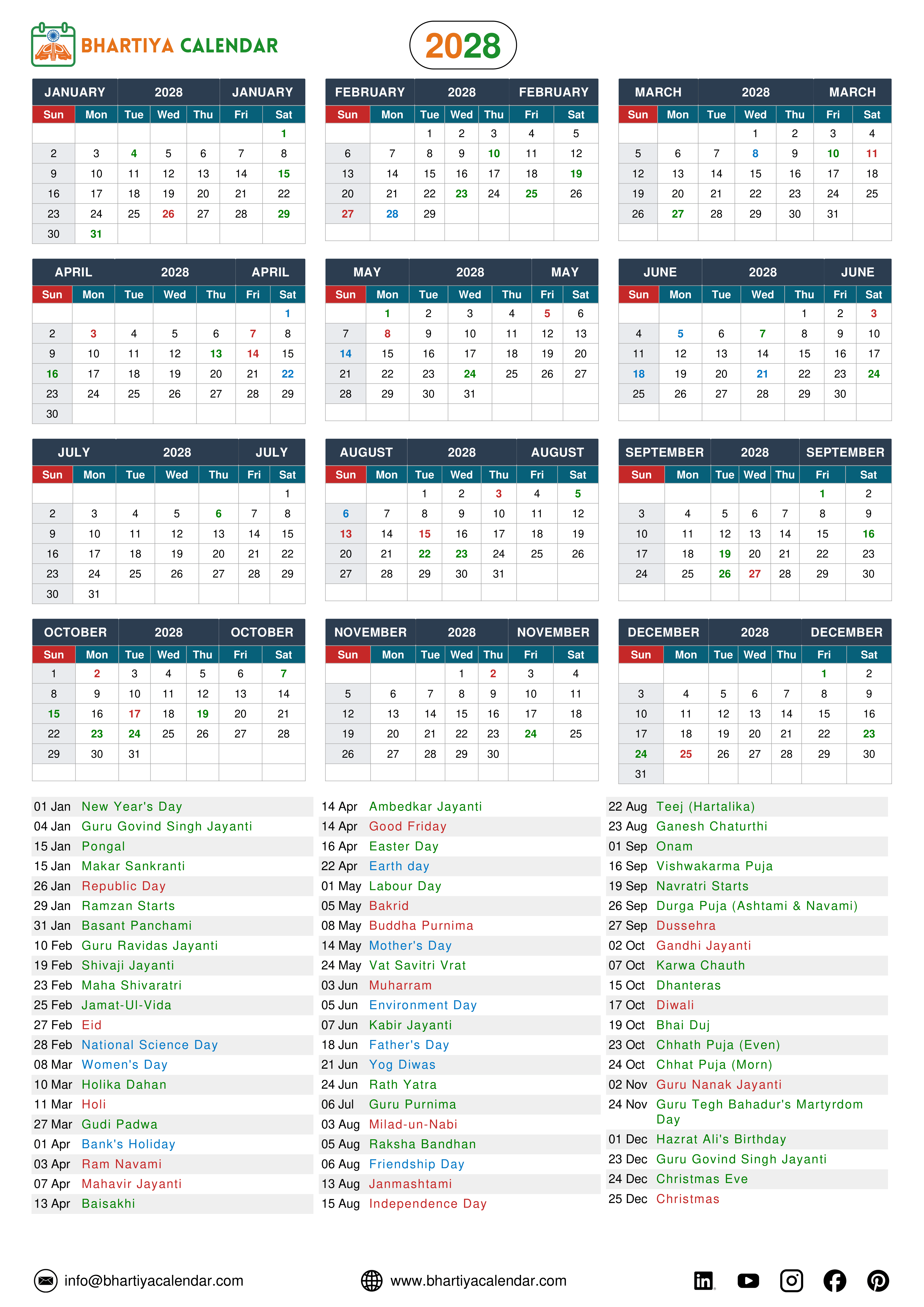 Indian calendar 2028 showing all months from January to December along with a complete list of major holidays, festivals, and important days and dates in India, including Republic Day, Holi, Diwali, Eid, and Christmas.
