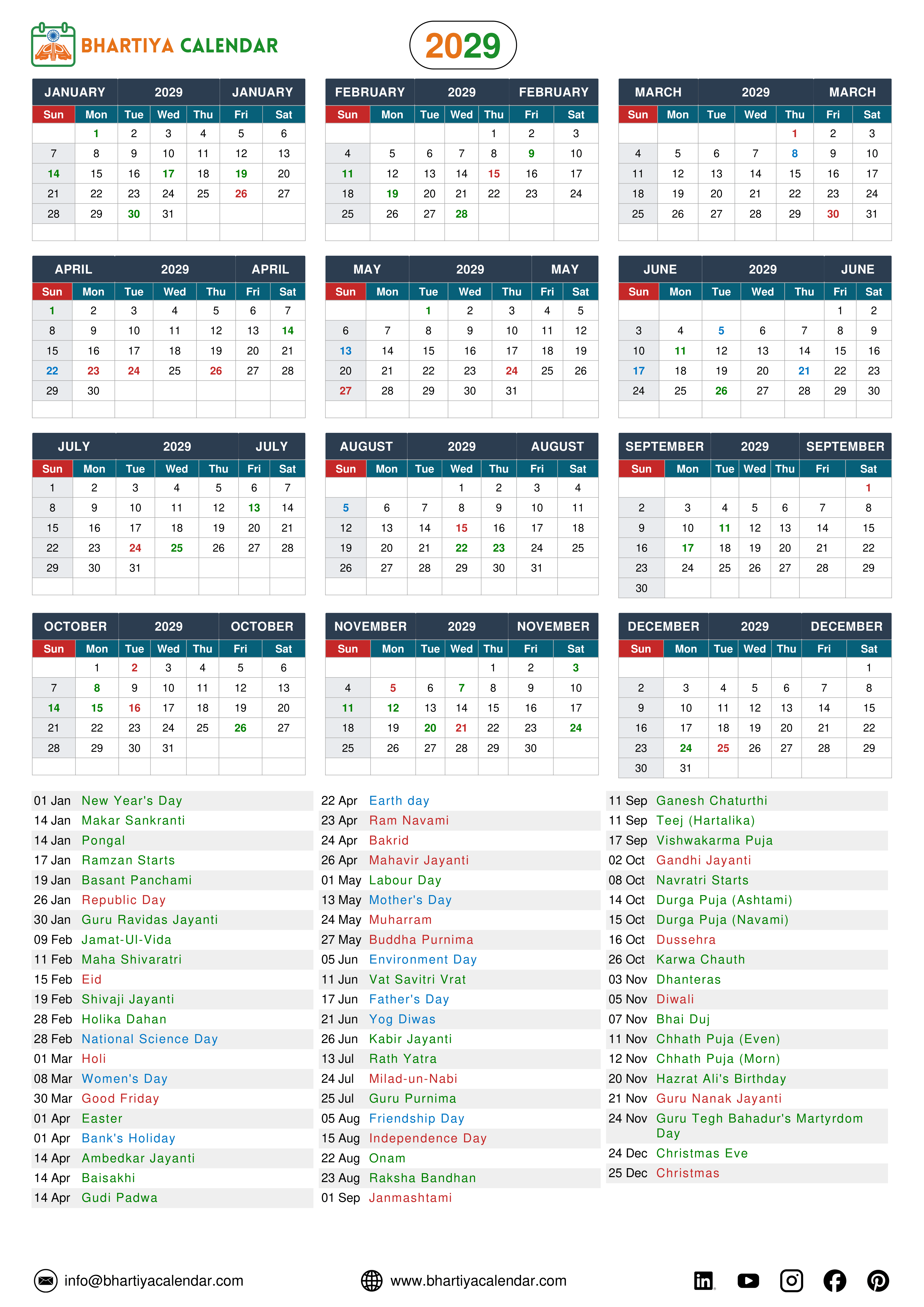 Indian calendar 2029 showing all months from January to December along with a complete list of major holidays, festivals, and important days and dates in India, including Republic Day, Holi, Diwali, Eid, and Christmas.